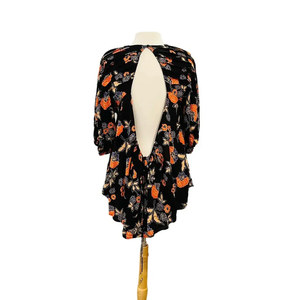 NEW Free People Edie Black Floral Open Back Cut Out Tunic Mini Dress Size XS